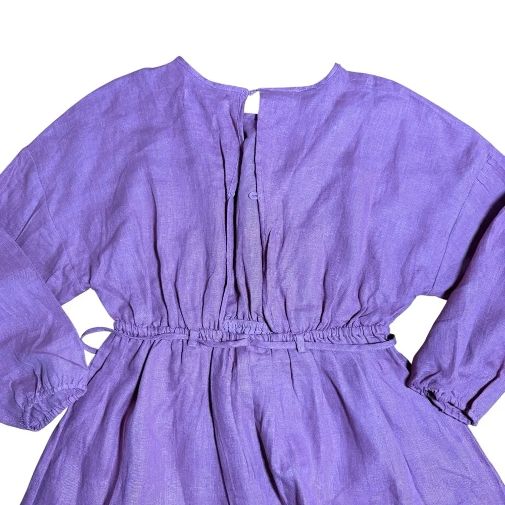 Zara Kids Girls Cut Out Belted Long Sleeve Linen Dress in Dark Pink- Size 11-12Y
